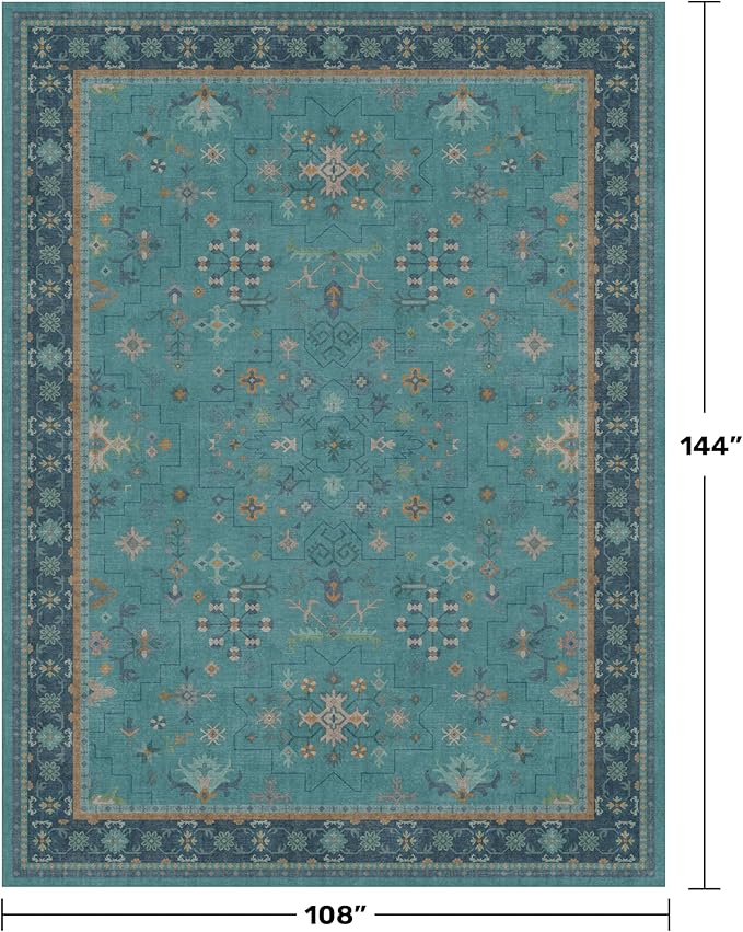 Boho 9x12 Large Teal Green Washable Living Room Rug - Vibrant Turquoise Rug for Bedroom Under Bed, Dining Room Under Table, Geometric Floral Low Pile & Soft Stain Resistant Carpet