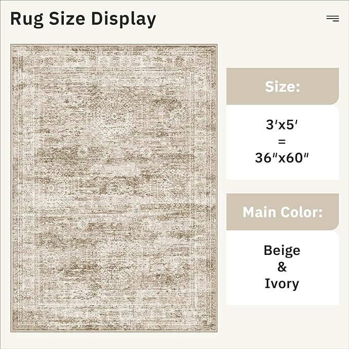 3x5 Rug, Small Area for Kitchen, Entryway, Machine Washable Non-Slip Throw Rug, Vintage Carpet for Nursery Coffee Table Brown