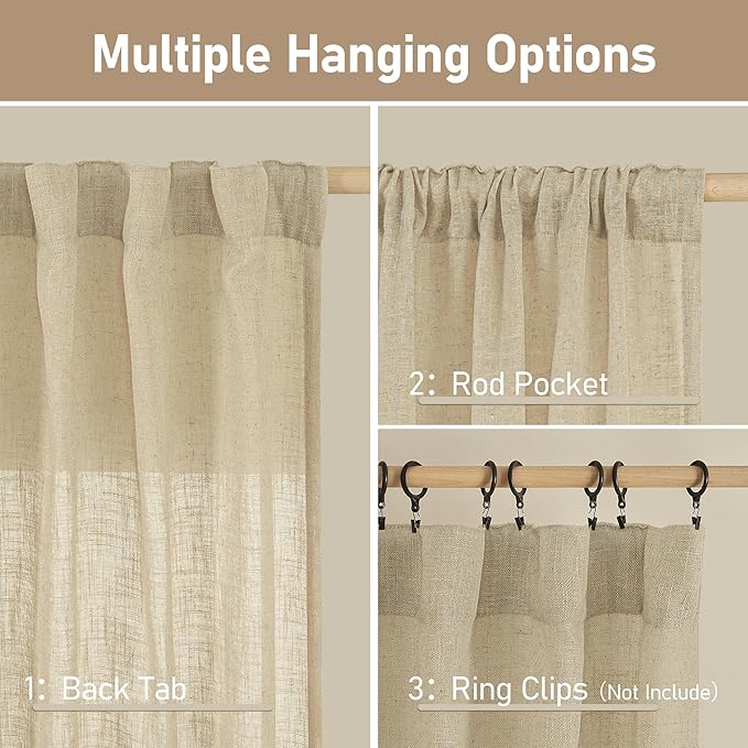 LAMIT Natural Linen Blended Curtains for Living Room, Back Tab and Rod Pocket Semi Sheer Curtains Light Filtering Country Rustic Drapes for Bedroom/Farmhouse, 2 Panels, 52 x 108 Inch, Linen