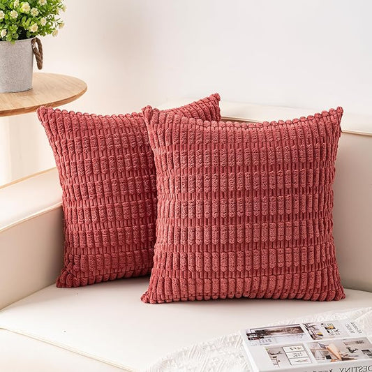 Pack of 2 Corduroy Decorative Throw Pillow Covers 22x22 Inch Soft Striped Pillow Covers Modern Farmhouse Home Decor for Sofa Living Room Couch Bed（Cranberry Red）