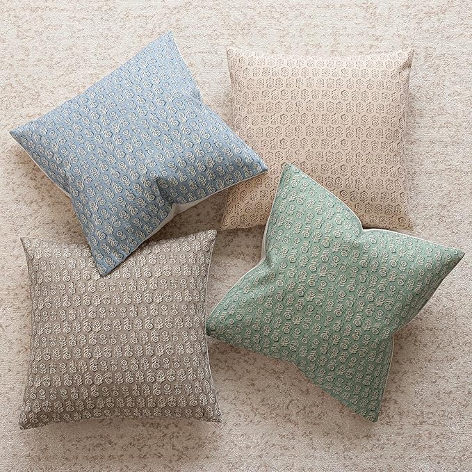 Foindtower Set of 2 Decorative Neutral Floral Print Throw Pillow Covers Vintage Accent Farmhouse Cushion Covers Boho Home Decor for Sofa Chair Couch Bedroom Living Room Outdoor,18×18 Inch,Aqua Blue