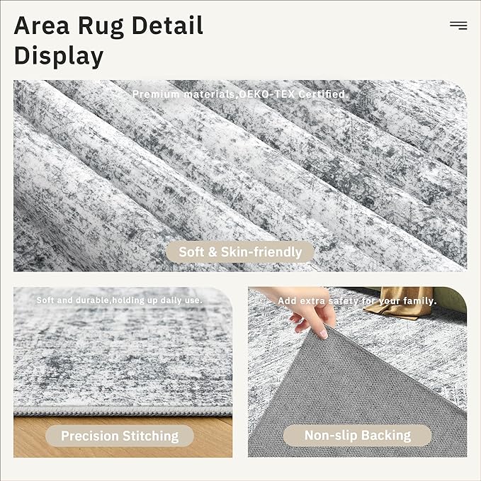 8x8 Grey Round Rug 8ft Living Room Circle Rug Vintage Round Area Rug Non Slip Indoor Carpet for Apartment