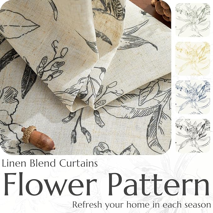 jinchan Floral Curtains 63 Inch Length Black Flower Linen Farmhouse Curtain for Living Room French Country Vintage Curtain Rod Pocket Curtains Set 2 Panels Balck Floral Printed