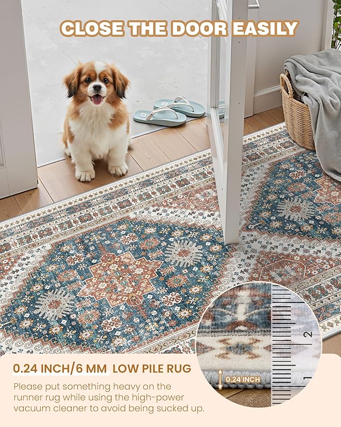 2x5 Rug Runner Washable for Entryway, Soft Bathroom Rugs with Non-Slip Backing,Vintage Low Pile Stair Runner, Small Kitchen Carpet for Hallways, Laundry Room(Blue/Red,2'x5')
