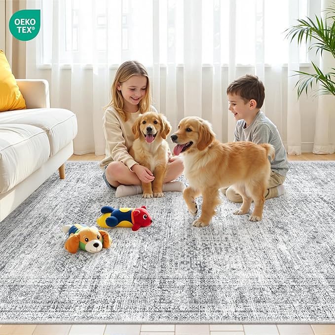 Area Rugs 4x6 for Living Room, Non-Slip Backing Small Kids Rugs for Bedroom, Vintage Abstract Rug Home Decor, Low Pile Soft Washable Rug for Kitchen, Dining Room (4'x6', Grey/Ivory)