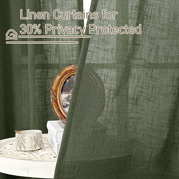 LAMIT Semi Sheer Window Linen Curtains 54 Inch Length, Light Filtering Panels Back Tab and Rod Pocket Christmas Drapes for Bedroom/Living Room, Olive Green, 2 Panels, 34 x 54 Inch