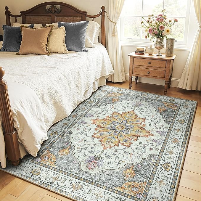 RELEANY Area Rugs 6'x9' Washable Non-Slip, Floral Vintage Distress Print Pattern Medallion Carpet for Living Room Bedroom Dining Room, Light Yellow Carbon Grey Orange