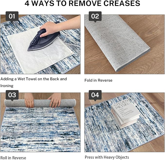 Lansny Modern Abstract Runner Rug 3x8, Grey Blue White, Washable Kitchen Runner Non-Slip Soft Hallway Rug Thin Print Faux Wool Carpet for Entryway Bedroom Laundry Room Indoor Home Office Decor