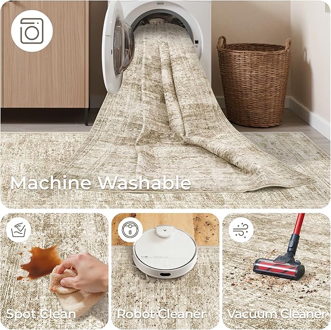 3x16 Washable Runner Rug for Hallway, Non-Slip Long Hallway Runner for Entryway, Soft Vintage Kitchen Mats for Floor, Abstract Dining Room, Bedroom, Living Room Rugs(3'x16', Brown/Ivory)