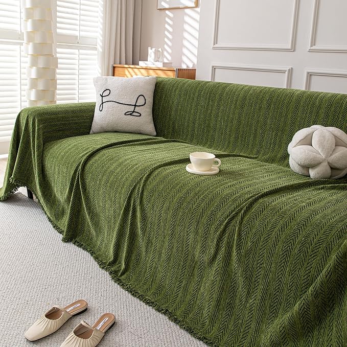 Boho Chenille Couch Cover for Dogs, Non Slip Sofa Cover, Couch Slipcover Covers for 3 Cushion, Furniture Protector with Tassels for Pets Washable, 91"x118", Fishbone Green