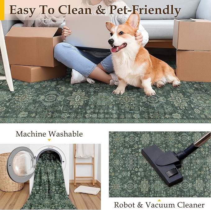 9x12 Washable Area Rug for Living Room Bedroom Vintage Green Non Slip Carpet Traditional Retro Soft Low Pile Large Throw Rug for Dining Room Kitchen Office Indoor