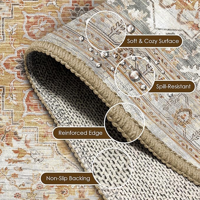 Washable Area Rug 3' x 5 ' Vintage Traditional Persian Mat - Foldable Distressed Non-Slip Machine Washable Carpet for Living Room Bedroom Kitchen Home Decor - Dove Gray and Coral