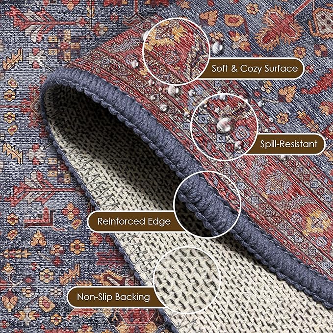 Washable Area Rug 9' x 12' Vintage Traditional Persian Mat - Foldable Distressed Non-Slip Machine Washable Carpet for Living Room Bedroom Kitchen Home Decor - Indigo and Crimson